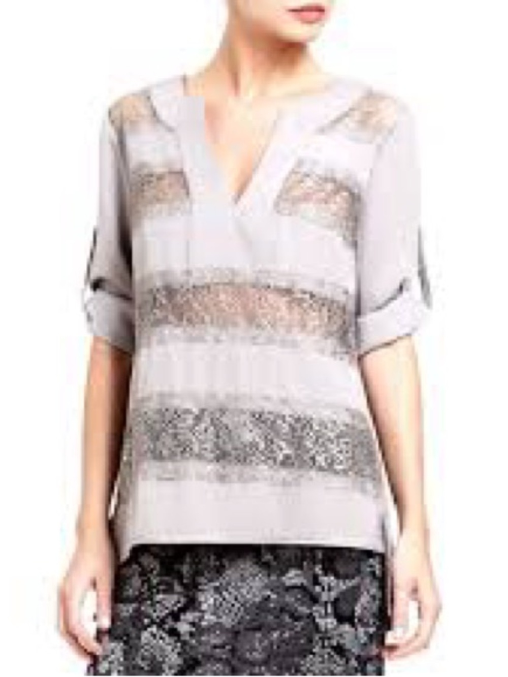 BCBGMaxAzria Light Gray Lace-Panel V-Neck Blouse
